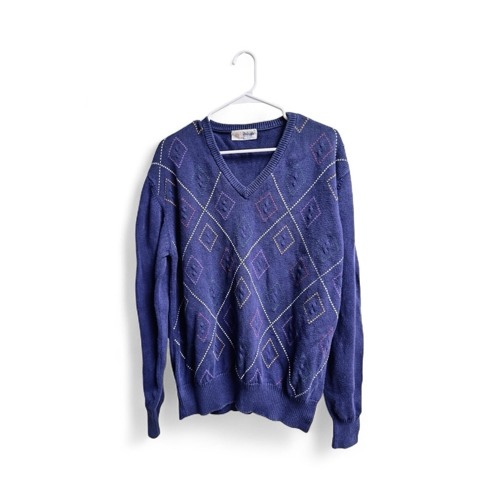 Pringle of Scotland Sweater XL Blue Argyle Cotton V-Neck Vintage Knit